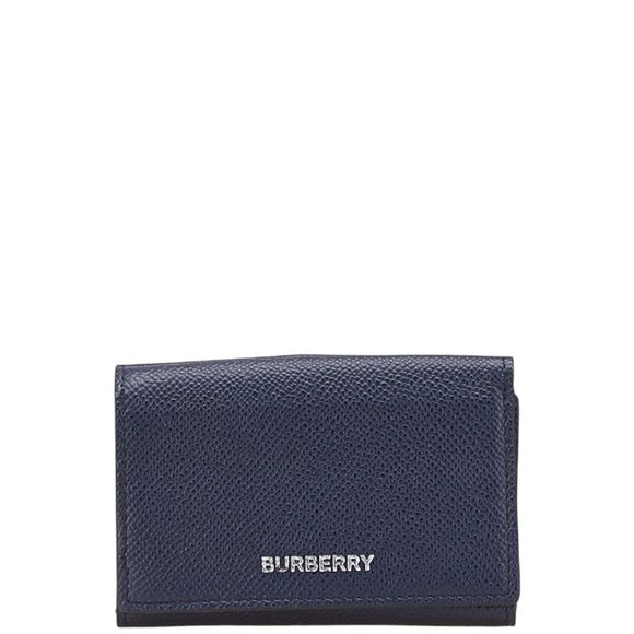 Burberry logo tri-fold wallet in navy leather for women. - Picture 1 of 10
